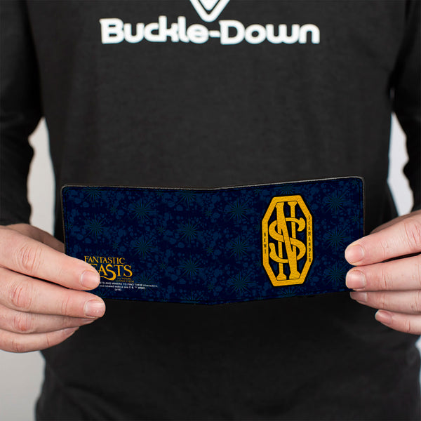 Buckle-Down Bi-Fold Wallet - NEWT SCAMANDER NS Monogram + FBAWTFT Logo Blues Gold