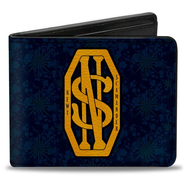 Buckle-Down Bi-Fold Wallet - NEWT SCAMANDER NS Monogram + FBAWTFT Logo Blues Gold