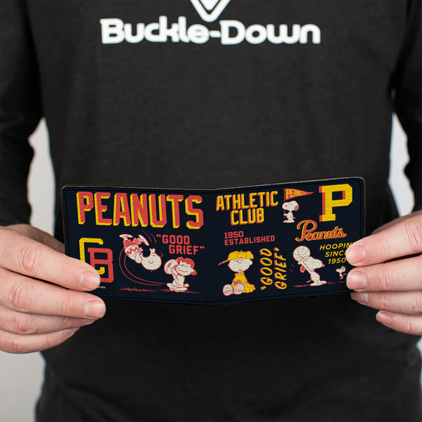 Buckle-Down Bi-Fold Wallet - PEANUTS ATHLETIC CLUB Varsity Poses And Quotes Collage Black/Red/Yellow