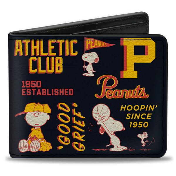 Buckle-Down Bi-Fold Wallet - PEANUTS ATHLETIC CLUB Varsity Poses and Quotes Collage Black/Red/Yellow