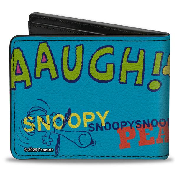 Buckle-Down Bi-Fold Wallet - PEANUTS Charlie Brown Snoopy And Woodstock Typography Collage Blue/Multi Color