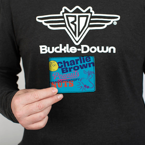 Buckle-Down Bi-Fold Wallet - PEANUTS Charlie Brown Snoopy And Woodstock Typography Collage Blue/Multi Color