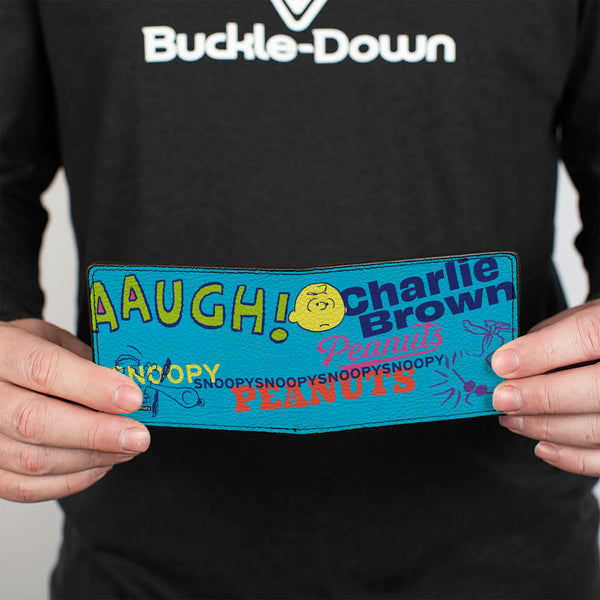 Buckle-Down Bi-Fold Wallet - PEANUTS Charlie Brown Snoopy And Woodstock Typography Collage Blue/Multi Color