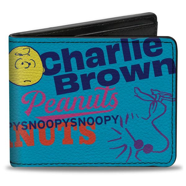 Buckle-Down Bi-Fold Wallet - PEANUTS Charlie Brown Snoopy and Woodstock Typography Collage Blue/Multi Color
