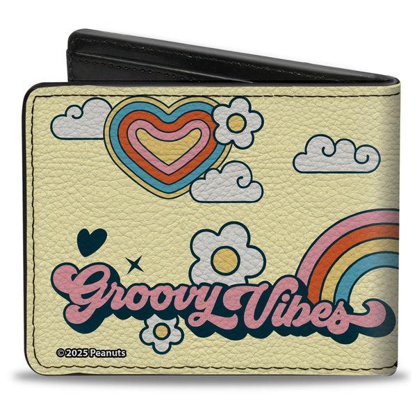 Buckle-Down Bi-Fold Wallet - Peanuts Snoopy Flying Ace And Woodstock GROOVY Quotes Collage Yellow