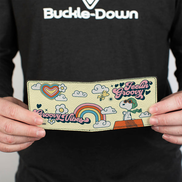 Buckle-Down Bi-Fold Wallet - Peanuts Snoopy Flying Ace And Woodstock GROOVY Quotes Collage Yellow
