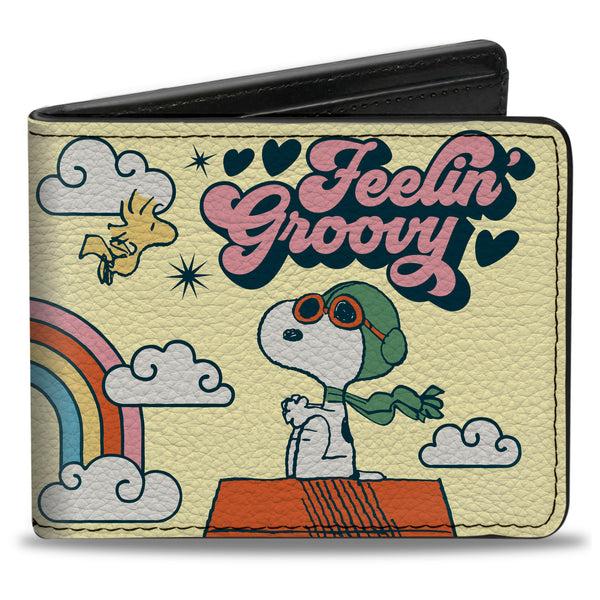 Buckle-Down Bi-Fold Wallet - Peanuts Snoopy Flying Ace and Woodstock GROOVY Quotes Collage Yellow