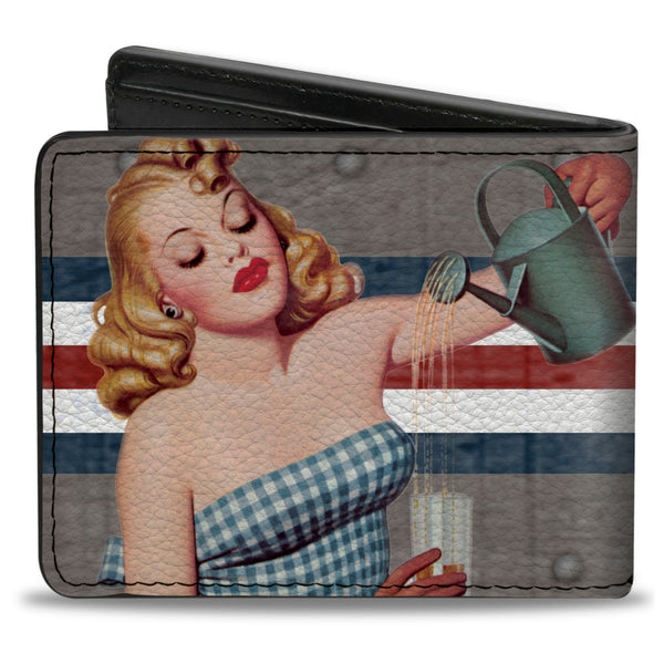 Buckle-Down Bi-Fold Wallet - Pin Up Girl Poses CLOSE-UP Star & Stripes Gray Blue White Red