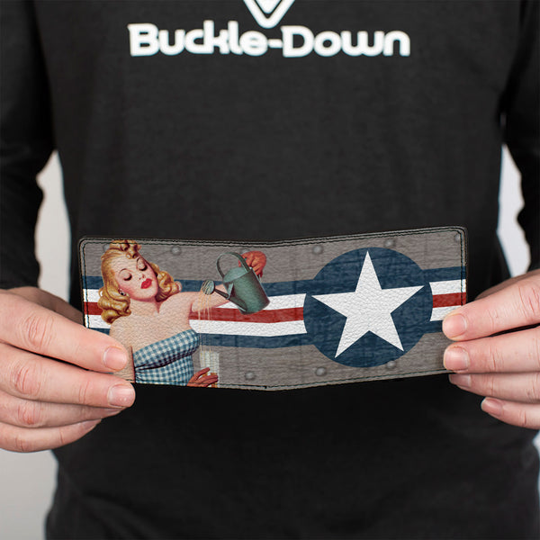 Buckle-Down Bi-Fold Wallet - Pin Up Girl Poses CLOSE-UP Star & Stripes Gray Blue White Red