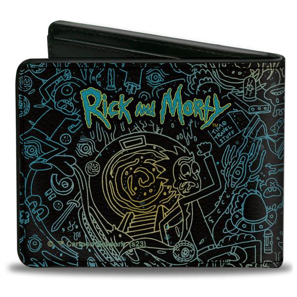 Buckle-Down Bi-Fold Wallet - Rick And Morty Portal Chase And Icons Collage Black/Blues/Yellows