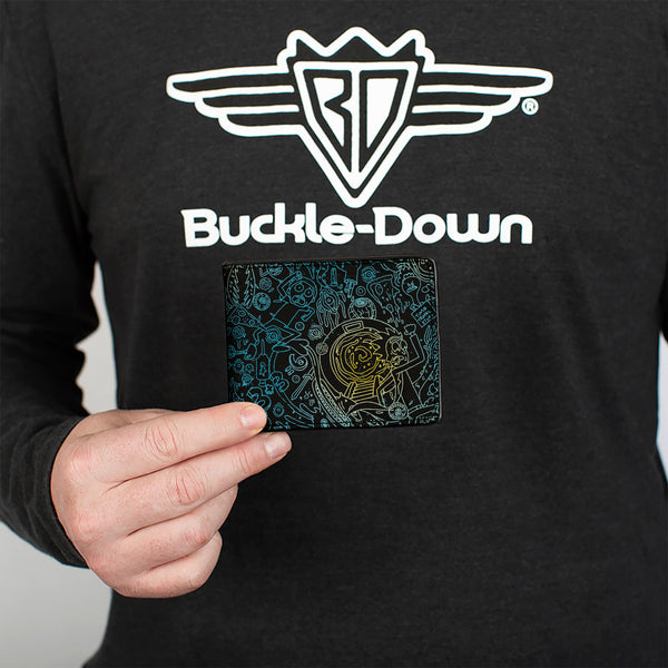 Buckle-Down Bi-Fold Wallet - Rick And Morty Portal Chase And Icons Collage Black/Blues/Yellows