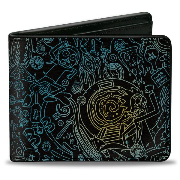 Buckle-Down Bi-Fold Wallet - Rick and Morty Portal Chase and Icons Collage Black/Blues/Yellows