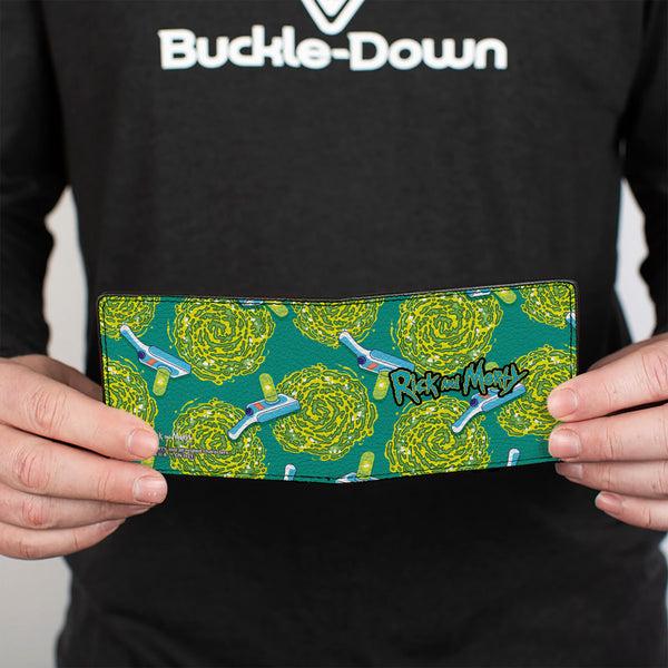 Buckle-Down Bi-Fold Wallet - RICK AND MORTY Portal Gun And Portal Scattered Blue