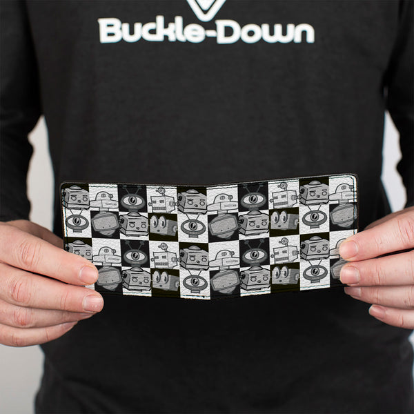 Buckle-Down Bi-Fold Wallet - Robot Heads Checkers Black White