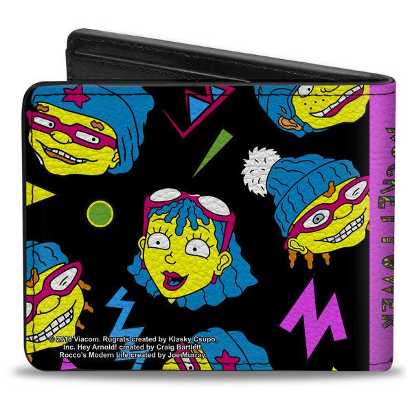 Buckle-Down Bi-Fold Wallet - ROCKET POWER 4-Character Faces Scattered Black Multi Neon