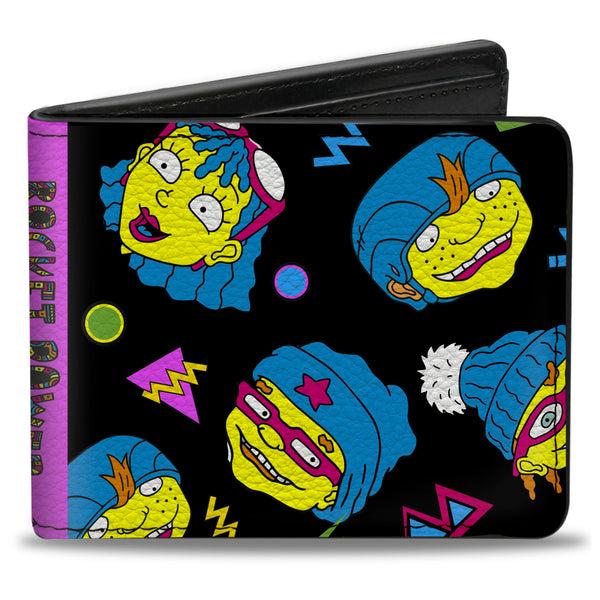 Buckle-Down Bi-Fold Wallet - ROCKET POWER 4-Character Faces Scattered Black Multi Neon
