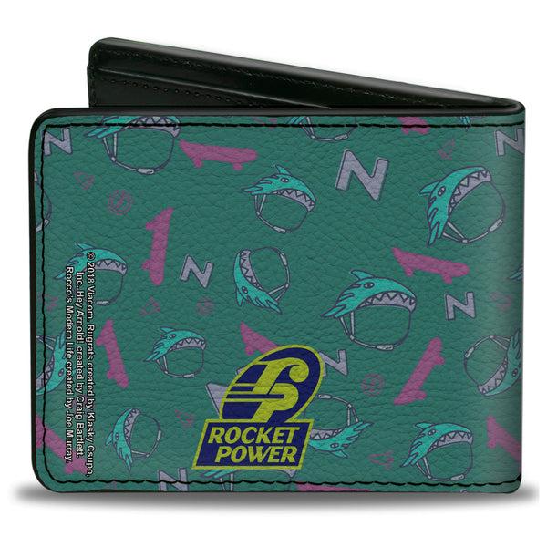 Buckle-Down Bi-Fold Wallet - ROCKET POWER Sam Skateboard Pose + Text Scattered Icons Blues Purples Gold