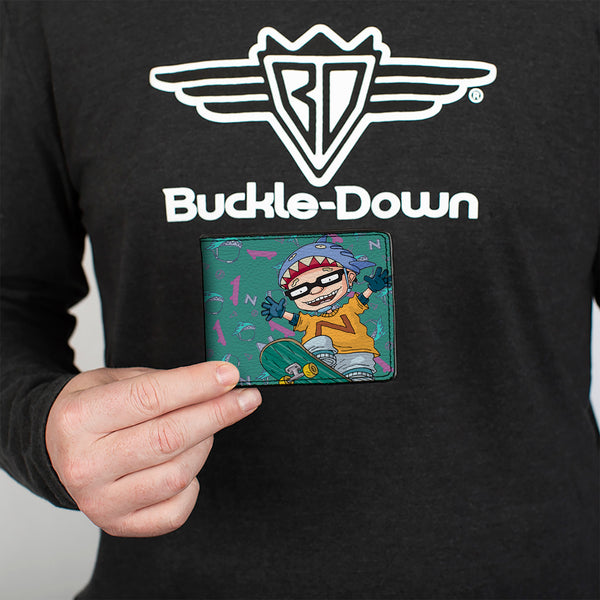 Buckle-Down Bi-Fold Wallet - ROCKET POWER Sam Skateboard Pose + Text Scattered Icons Blues Purples Gold