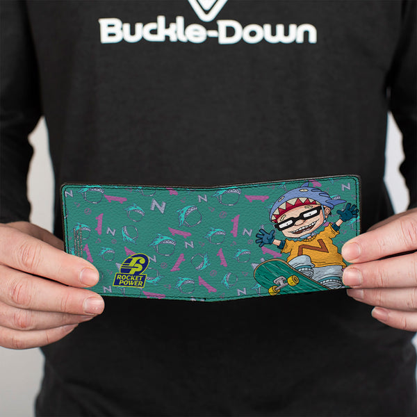 Buckle-Down Bi-Fold Wallet - ROCKET POWER Sam Skateboard Pose + Text Scattered Icons Blues Purples Gold