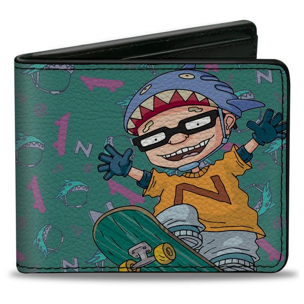 Buckle-Down Bi-Fold Wallet - ROCKET POWER Sam Skateboard Pose + Text Scattered Icons Blues Purples Gold