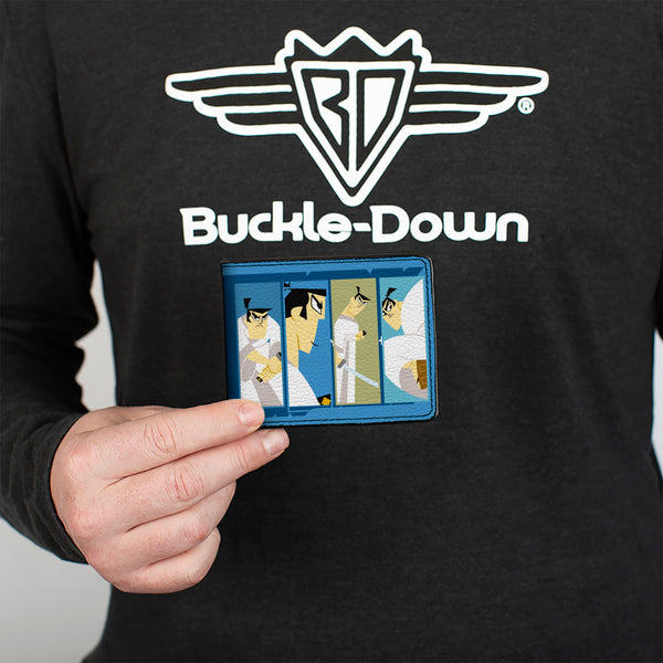 Buckle-Down Bi-Fold Wallet - SAMURAI JACK Pose Blocks And Title Logo Blues/White