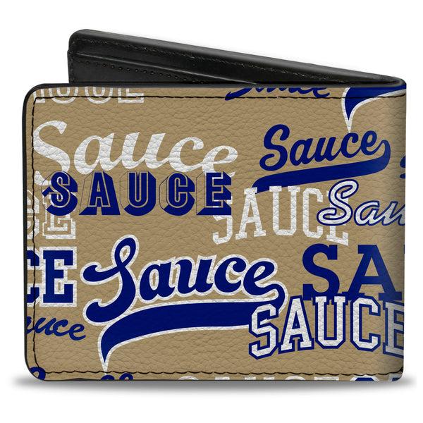 Buckle-Down Bi-Fold Wallet - SAUCE Typography Collage Tan/White/Blue