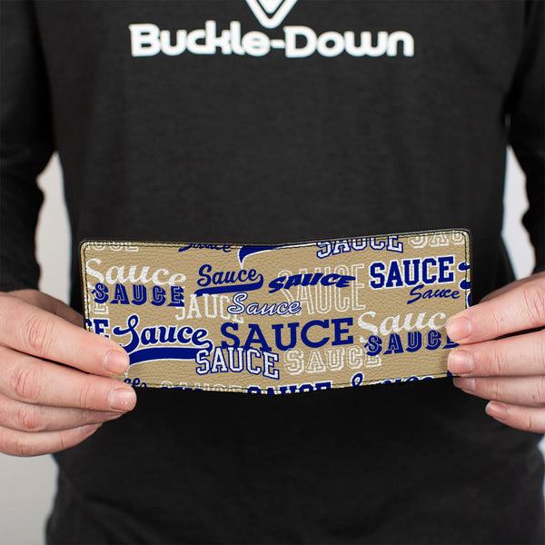 Buckle-Down Bi-Fold Wallet - SAUCE Typography Collage Tan/White/Blue