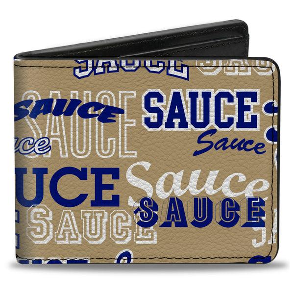 Buckle-Down Bi-Fold Wallet - SAUCE Typography Collage Tan/White/Blue
