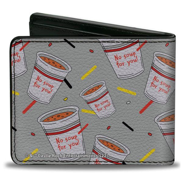 Buckle-Down Bi-Fold Wallet - Seinfeld NO SOUP FOR YOU Soup Cups Scattered Gray Multi Color
