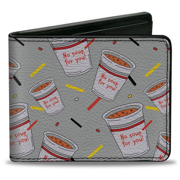 Buckle-Down Bi-Fold Wallet - Seinfeld NO SOUP FOR YOU Soup Cups Scattered Gray Multi Color