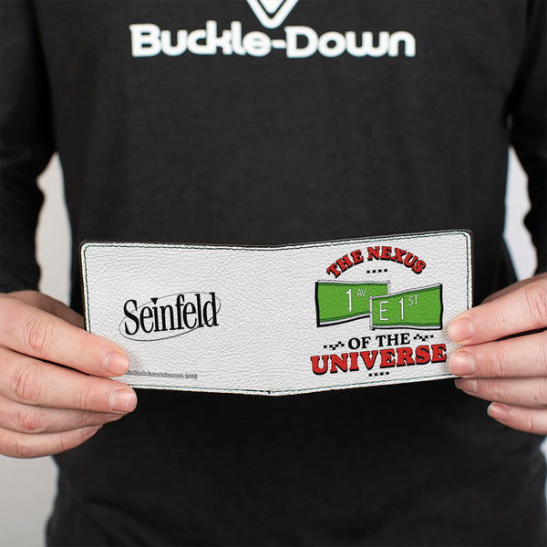 Buckle-Down Bi-Fold Wallet - Seinfeld Street Signs THE NEXUS OF THE UNIVERSE + Logo White Black Red Green