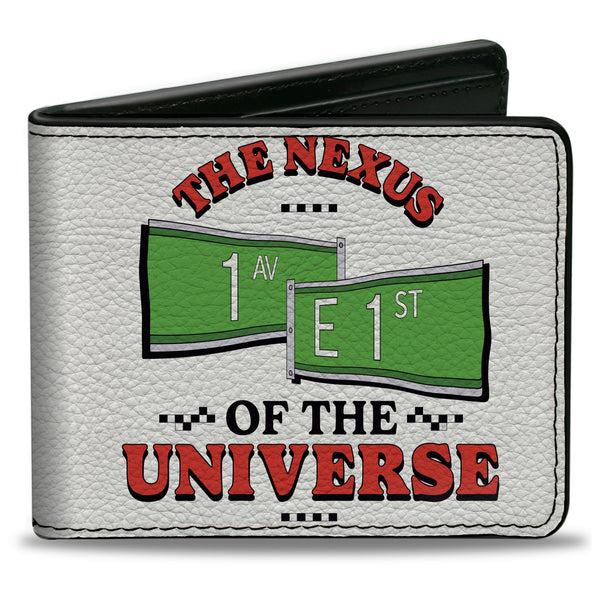 Buckle-Down Bi-Fold Wallet - Seinfeld Street Signs THE NEXUS OF THE UNIVERSE + Logo White Black Red Green