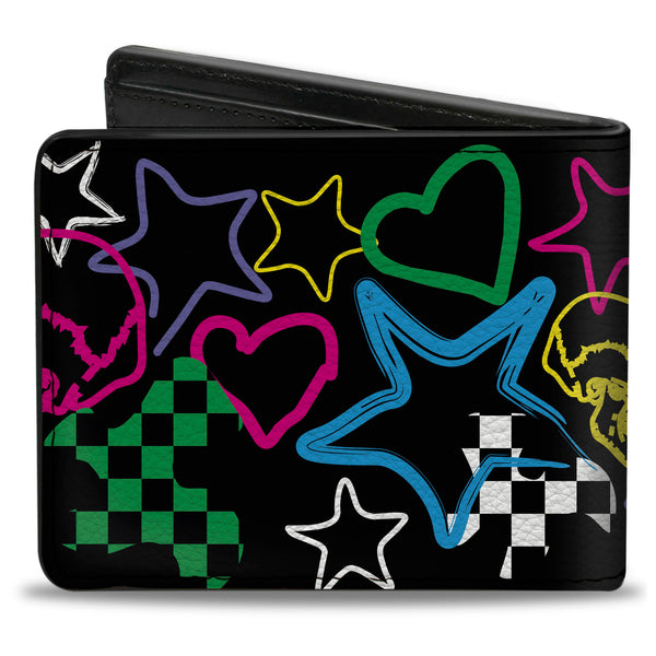 Buckle-Down Bi-Fold Wallet - Sketch Skull Star Heart Checker Black Multi Color