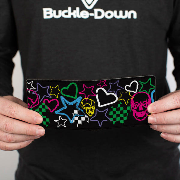 Buckle-Down Bi-Fold Wallet - Sketch Skull Star Heart Checker Black Multi Color