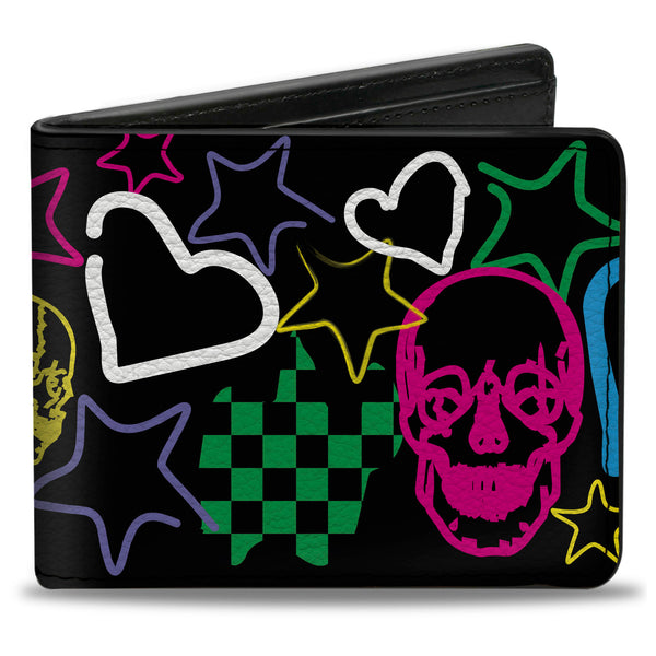 Buckle-Down Bi-Fold Wallet - Sketch Skull Star Heart Checker Black Multi Color