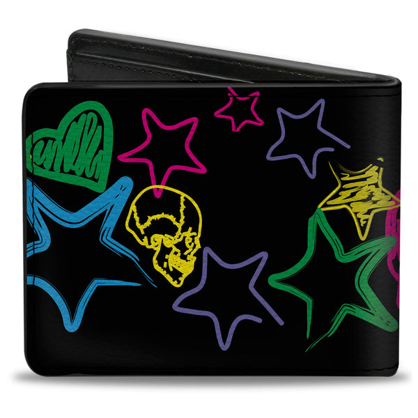 Buckle-Down Bi-Fold Wallet - Sketch Skull Star Heart White Multi Color