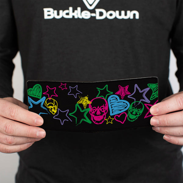 Buckle-Down Bi-Fold Wallet - Sketch Skull Star Heart White Multi Color