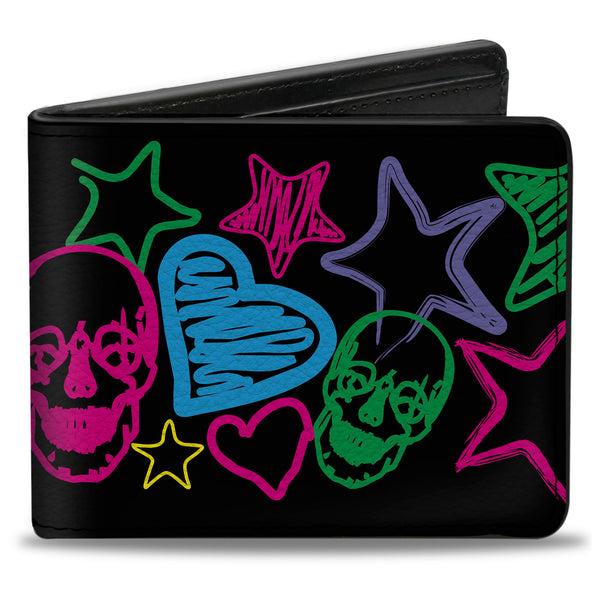 Buckle-Down Bi-Fold Wallet - Sketch Skull Star Heart White Multi Color