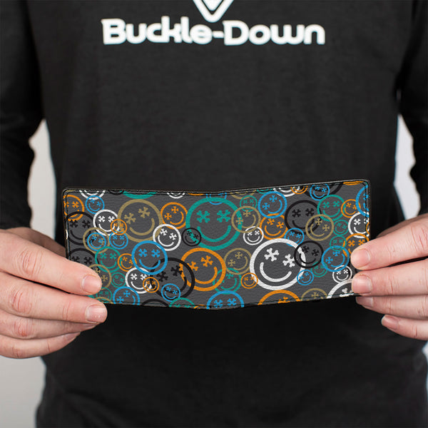 Buckle-Down Bi-Fold Wallet - Smiley Face Crossbones Stacked Gray/Multi Color