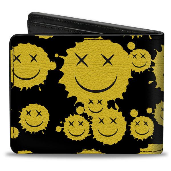 Buckle-Down Bi-Fold Wallet - Smiley Face Splatter Scattered Black/Yellow