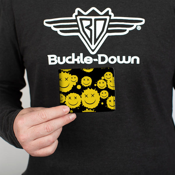 Buckle-Down Bi-Fold Wallet - Smiley Face Splatter Scattered Black/Yellow