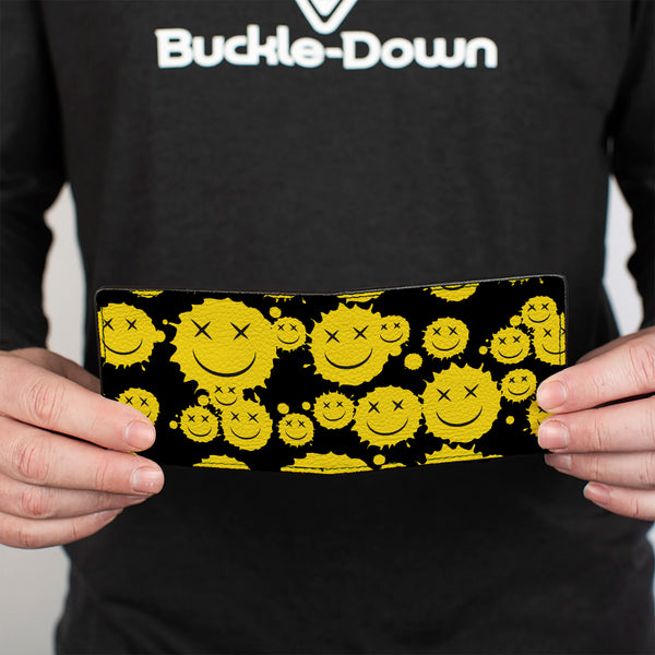 Buckle-Down Bi-Fold Wallet - Smiley Face Splatter Scattered Black/Yellow