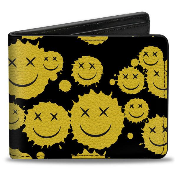 Buckle-Down Bi-Fold Wallet - Smiley Face Splatter Scattered Black/Yellow