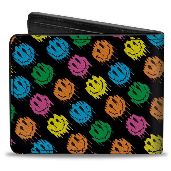 Buckle-Down Bi-Fold Wallet - Smiley Faces Melted Mini Repeat Angle Black Multi Neon