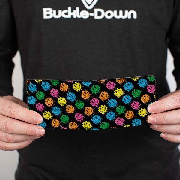 Buckle-Down Bi-Fold Wallet - Smiley Faces Melted Mini Repeat Angle Black Multi Neon