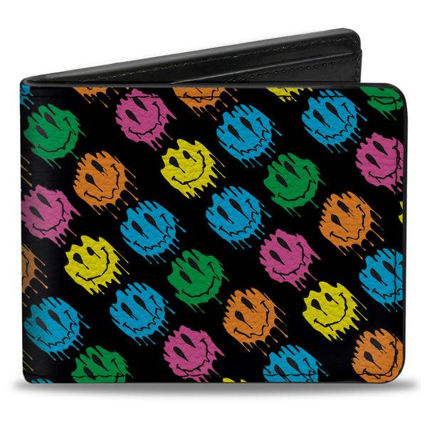 Buckle-Down Bi-Fold Wallet - Smiley Faces Melted Mini Repeat Angle Black Multi Neon