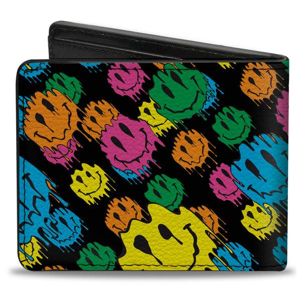 Buckle-Down Bi-Fold Wallet - Smiley Faces Melted Stacked Black Multi Neon