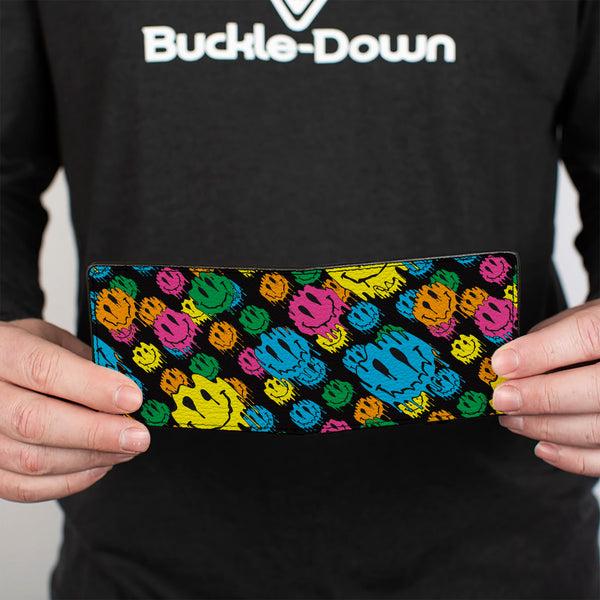 Buckle-Down Bi-Fold Wallet - Smiley Faces Melted Stacked Black Multi Neon
