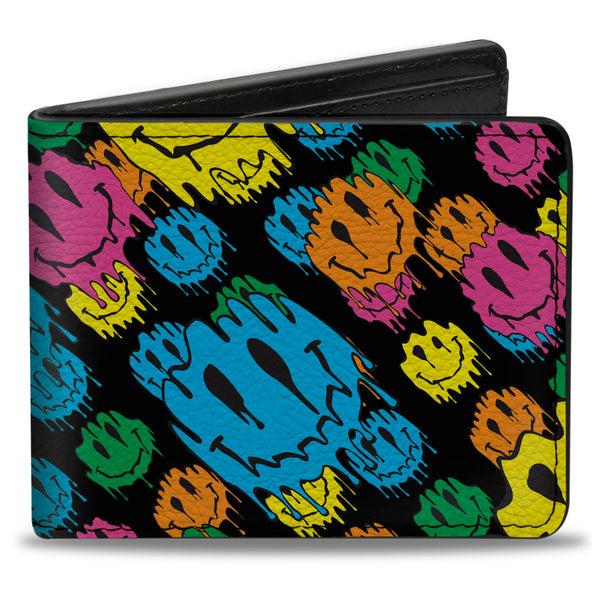 Buckle-Down Bi-Fold Wallet - Smiley Faces Melted Stacked Black Multi Neon