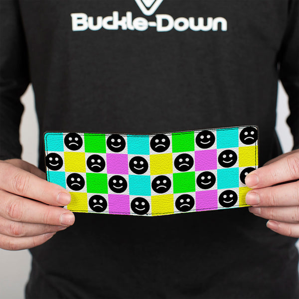Buckle-Down Bi-Fold Wallet - Smiley Sad Face Checker Multi Color/White